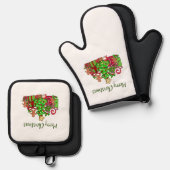 Vrolijke kerstcadeaus rond de boom ovenwant & pannenlap set (Voorkant / Achterkant)