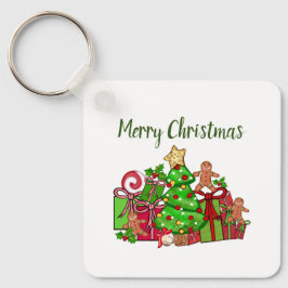 Vrolijke kerstcadeaus rond de boom sleutelhanger