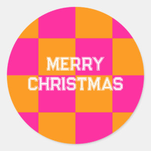 Vrolijke kerstcheck Hot Pink Sinaasappel Ronde Sticker