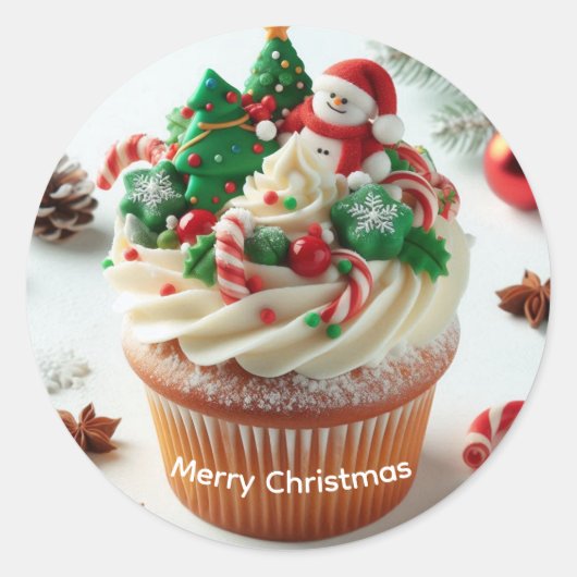 Vrolijke kerstcupcake ronde sticker (Voorkant)