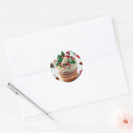 Vrolijke kerstcupcake ronde sticker (Envelop)