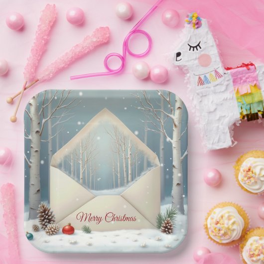 Vrolijke kerstenveloppe met berkenbomen papieren bordje (Feest)