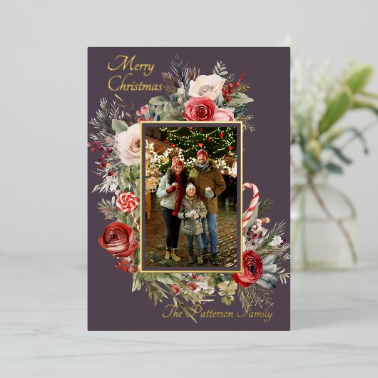 Vrolijke Kerstfoto Bloemen Folie Vakantie Kaart (Staand Voorkant)