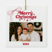 Vrolijke kerstfoto boog rood handgetekende retro keramisch ornament (Achterkant)