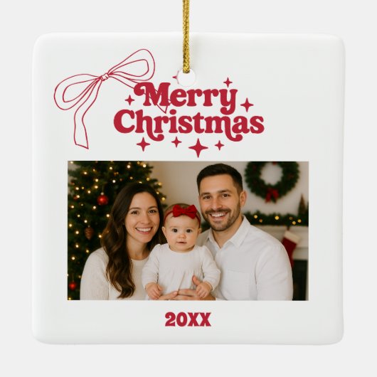 Vrolijke kerstfoto boog rood handgetekende retro keramisch ornament (Achterkant)