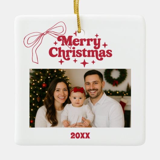 Vrolijke kerstfoto boog rood handgetekende retro keramisch ornament (Voorkant)