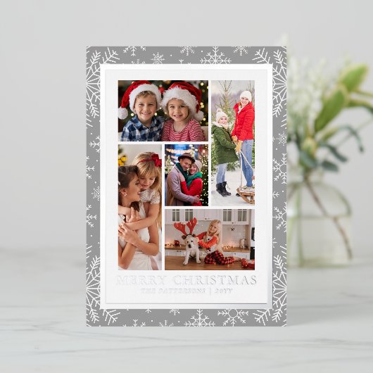 Vrolijke Kerstfoto Collage Zilveren Sneeuwvlok Folie Feestdagenkaart (Staand Voorkant)