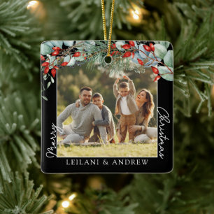Vrolijke kerstfoto en Waterverf Holly Black Keramisch Ornament