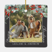 Vrolijke kerstfoto en Waterverf Holly Gray Keramisch Ornament (Achterkant)