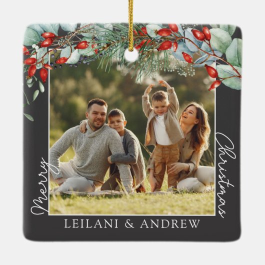 Vrolijke kerstfoto en Waterverf Holly Gray Keramisch Ornament (Achterkant)