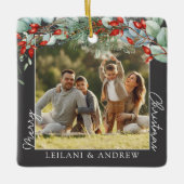 Vrolijke kerstfoto en Waterverf Holly Gray Keramisch Ornament (Voorkant)