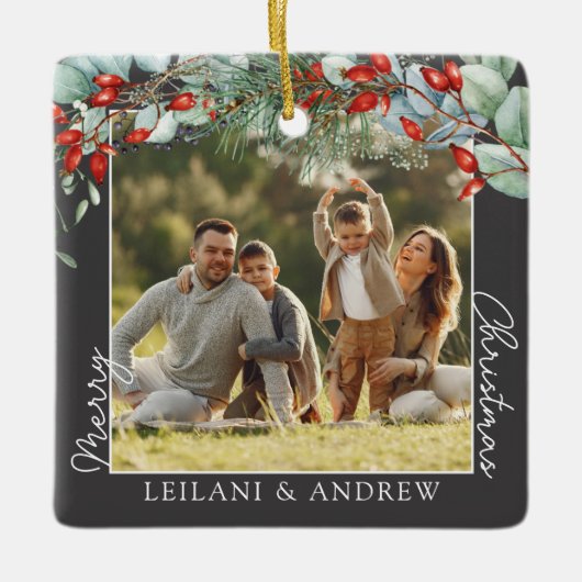 Vrolijke kerstfoto en Waterverf Holly Gray Keramisch Ornament (Voorkant)