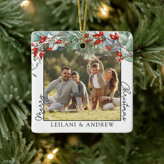 Vrolijke kerstfoto en Waterverf Holly Keramisch Ornament (Boom)