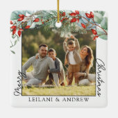 Vrolijke kerstfoto en Waterverf Holly Keramisch Ornament (Achterkant)