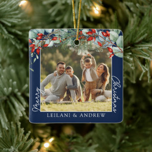 Vrolijke kerstfoto en Waterverf Holly Navy Keramisch Ornament