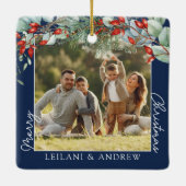 Vrolijke kerstfoto en Waterverf Holly Navy Keramisch Ornament (Achterkant)