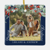 Vrolijke kerstfoto en Waterverf Holly Navy Keramisch Ornament (Voorkant)
