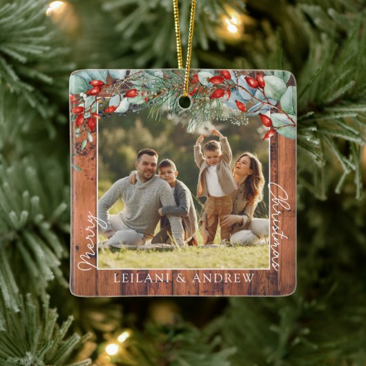 Vrolijke kerstfoto en Waterverf Holly Wood Keramisch Ornament (Boom)
