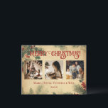 vrolijke kerstfoto feestdagenkaart<br><div class="desc">Vrolijk Kerstfeest 3 foto collage vakantie briefkaart  dennen rustieke achtergrond. Voeg je favoriete familie afbeeldingen toe om te personaliseren. Voeg je persoonlijke bericht toe op de achterkant van de kaart. Zo simpel,  maar toch chique.</div>