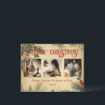 vrolijke kerstfoto feestdagenkaart<br><div class="desc">Vrolijk Kerstfeest 3 foto collage vakantie briefkaart  dennen rustieke achtergrond. Voeg je favoriete familie afbeeldingen toe om te personaliseren. Voeg je persoonlijke bericht toe op de achterkant van de kaart. Zo simpel,  maar toch chique.</div>