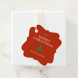 Vrolijke kerstgroet met boom op rood gebruik bedankjes labels