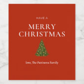 Vrolijke kerstgroet met boom op rood gebruik wijn etiket (Enkel label)