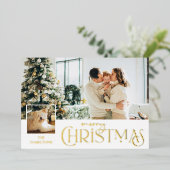 Vrolijke kerstgroet met Photo Insert Gold Folie Feestdagenkaart (Staand Voorkant)