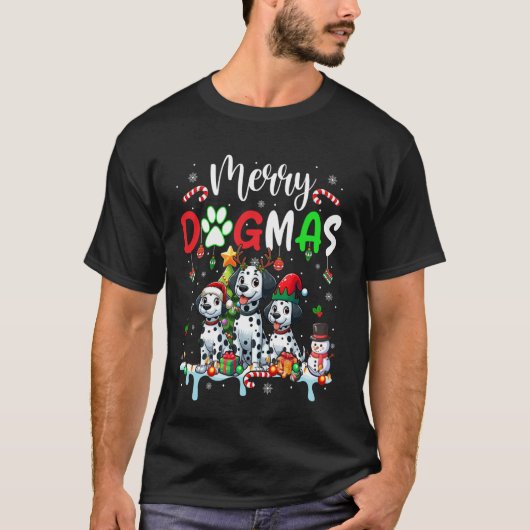 Vrolijke Kersthond Drie Kerstman Rendier Elf Dalma T-shirt (Voorkant)