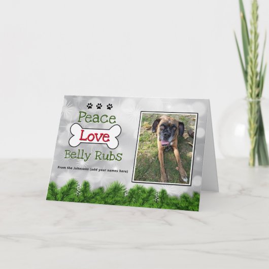 Vrolijke Kersthond Kaarten - Peace, Love Belly Rub (Voorkant)