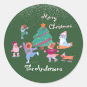 Vrolijke Kersthond Schaatsen Naam Groen Ronde Sticker (Voorkant)