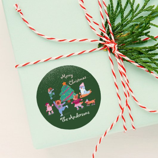 Vrolijke Kersthond Schaatsen Naam Groen Ronde Sticker