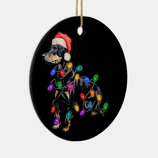 Vrolijke kersthond Verstrikt in Lichten Keramisch Ornament (Rechts)