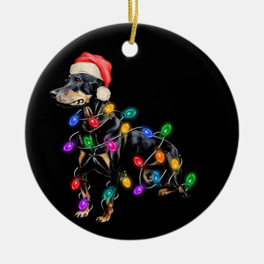 Vrolijke kersthond Verstrikt in Lichten Keramisch Ornament (Voorkant)
