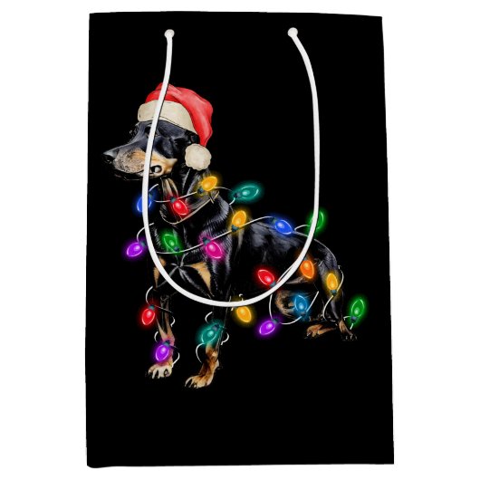 Vrolijke kersthond Verstrikt in Lichten Medium Cadeauzakje (Voorkant)
