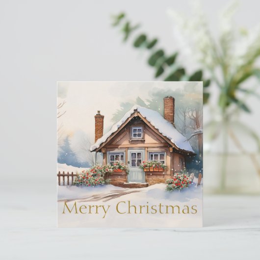 Vrolijke kersthut in het besneeuwde landschap (Staand voorkant)