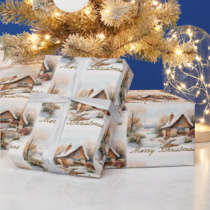 Vrolijke kersthut in het besneeuwde landschap cadeaupapier
