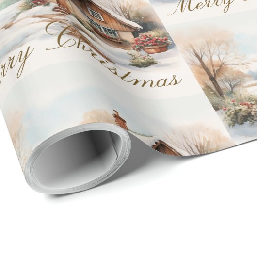 Vrolijke kersthut in het besneeuwde landschap cadeaupapier (Rol Hoek)