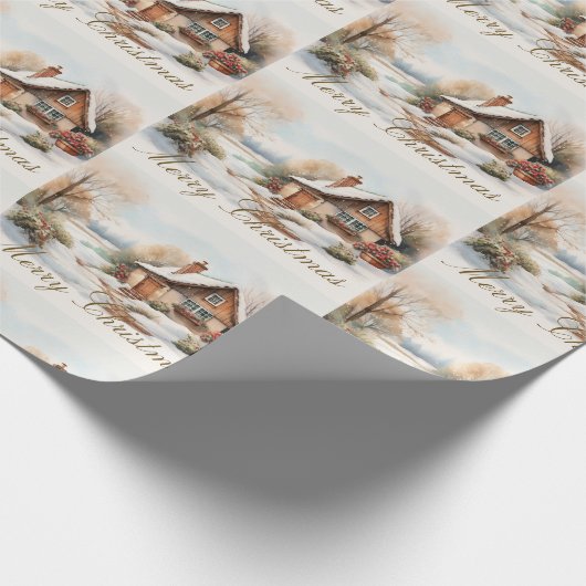 Vrolijke kersthut in het besneeuwde landschap cadeaupapier (Hoek)