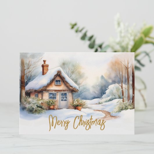 Vrolijke kersthut in het besneeuwde landschap feestdagenkaart (Staand voorkant)
