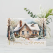 Vrolijke kersthut in het besneeuwde landschap feestdagenkaart (Staand voorkant)