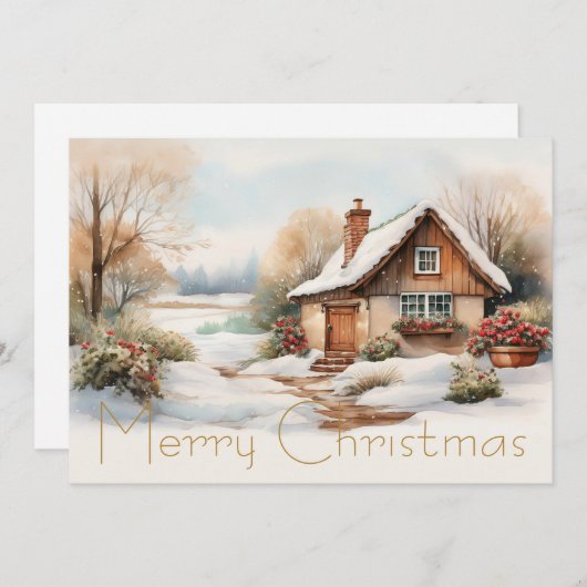 Vrolijke kersthut in het besneeuwde landschap feestdagenkaart (Voorkant / Achterkant)