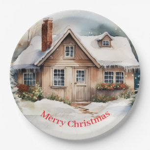Vrolijke kersthut in het besneeuwde landschap papieren bordje