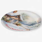 Vrolijke kersthut in het besneeuwde landschap papieren bordje (Gekanteld)