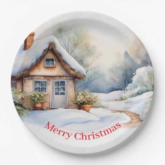 Vrolijke kersthut in het besneeuwde landschap papieren bordje (Voorkant)