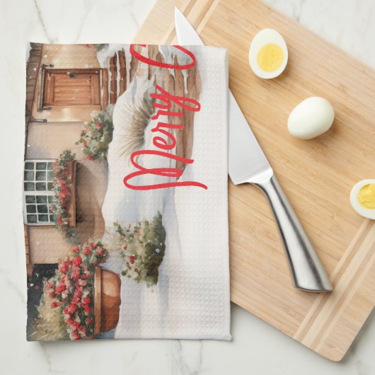 Vrolijke kersthut in het besneeuwde landschap theedoek (Quarter Fold)