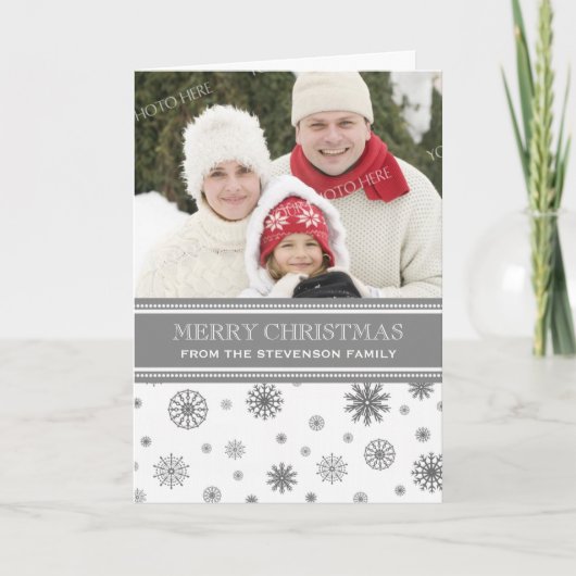 Vrolijke Kerstkaart Grijze Witte Sneeuwvlokken Feestdagen Kaart (Voorkant)