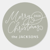 Vrolijke kerstkalligrafie Elegant Sage Green Ronde Sticker (Voorkant)