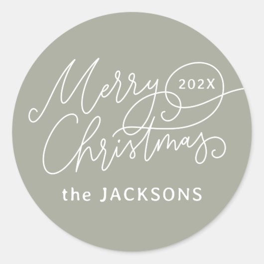 Vrolijke kerstkalligrafie Elegant Sage Green Ronde Sticker (Voorkant)
