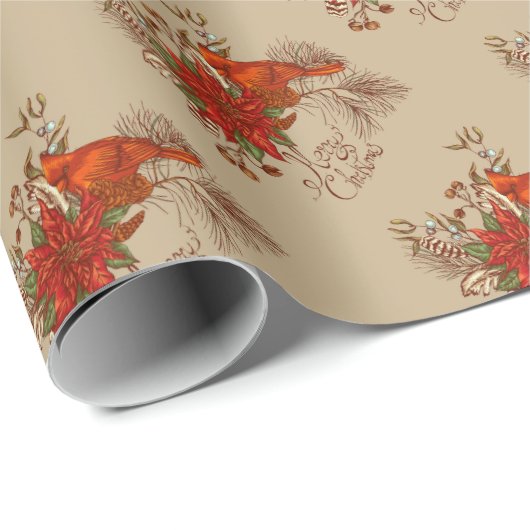 Vrolijke kerstkardinalen cadeaupapier (Rol Hoek)