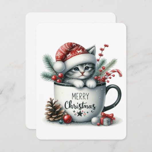 Vrolijke kerstkat in een Mok - Kerst Feestdagenkaart (Voorkant / Achterkant)